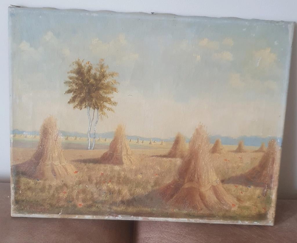 Schilderij hooiland met korenschoven J.W. Pranger, Antiek en Kunst, Kunst | Schilderijen | Klassiek, Ophalen