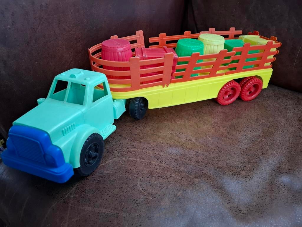 Vintage Plastic Vrachtwagen met Trailer en Lading, Ophalen of Verzenden, Gebruikt
