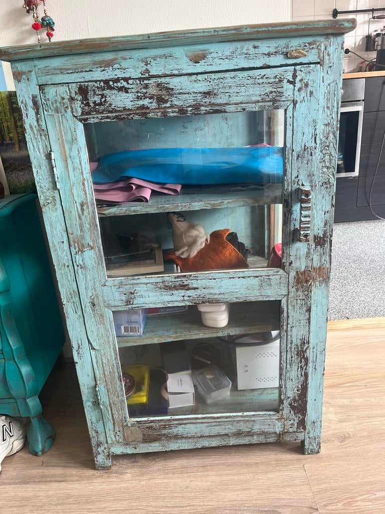 India vitrinekast turquoise 58 breed 93 hoog, Gebruikt, Minder dan 100 cm, 25 tot 50 cm, Overige houtsoorten