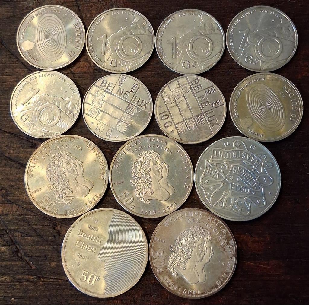 Zilveren munten 8x 10 gulden en 5x 50 gulden., Ophalen, Koningin Beatrix