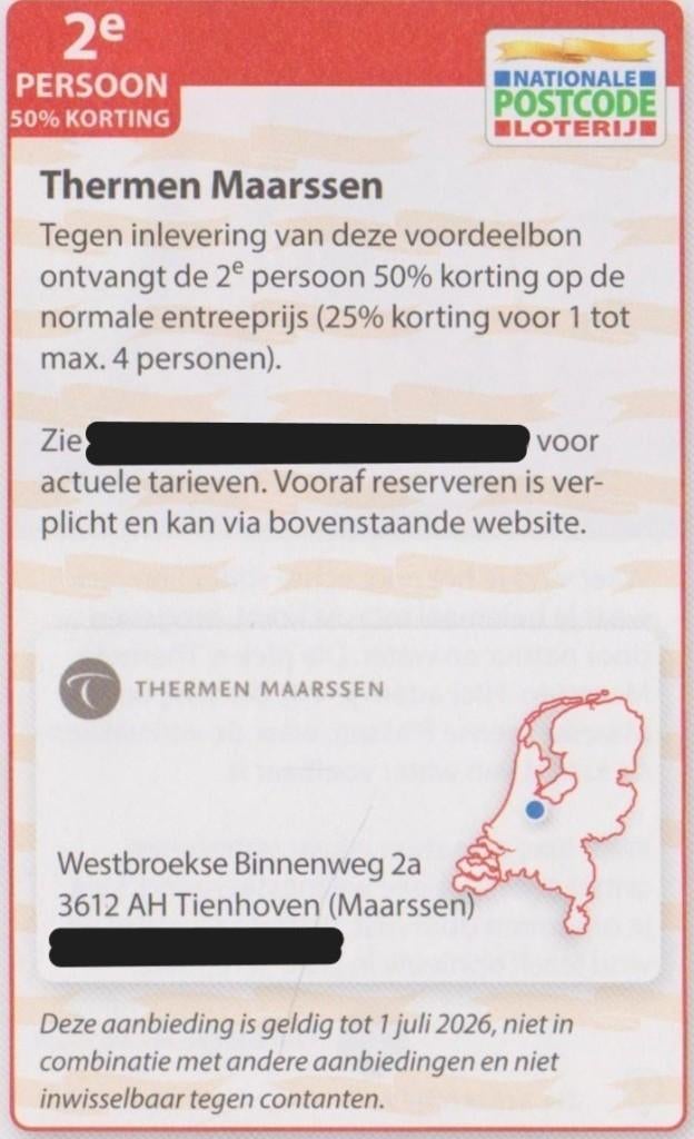 Thermen Maarssen. 2e persoon 50% korting Postcodeloterij bon, Twee personen, Kortingsbon, Spa of Sauna
