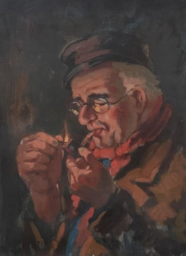 Terhell Ch. Petit pijp rokende man oud antiek schilderij, Ophalen of Verzenden