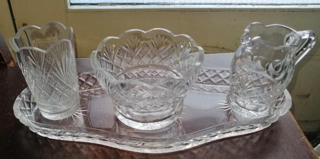 Kristallen roomstel met ruit waaier slijpsel, Ophalen of Verzenden