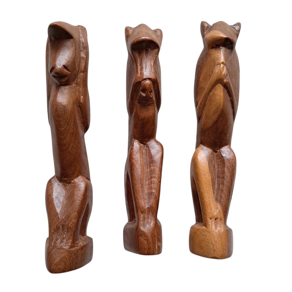 Horen zien en zwijgen aapjes houtsnijwerk hoogte 16 cm 1901, Antiek en Kunst, Ophalen of Verzenden