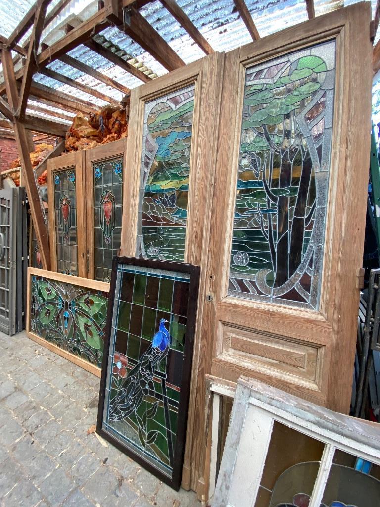 Glas in lood ramen uit verzameling Art Nouveau Art Deco, Ophalen, Gebruikt, Minder dan 80 cm, Overige typen