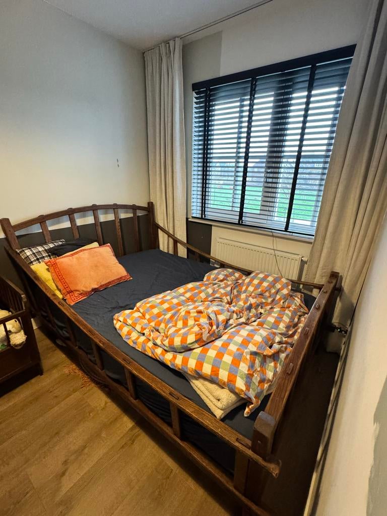 Retro eikenhouten twijfelaar bed 140x200, Ophalen, Gebruikt, Bruin, 140 cm