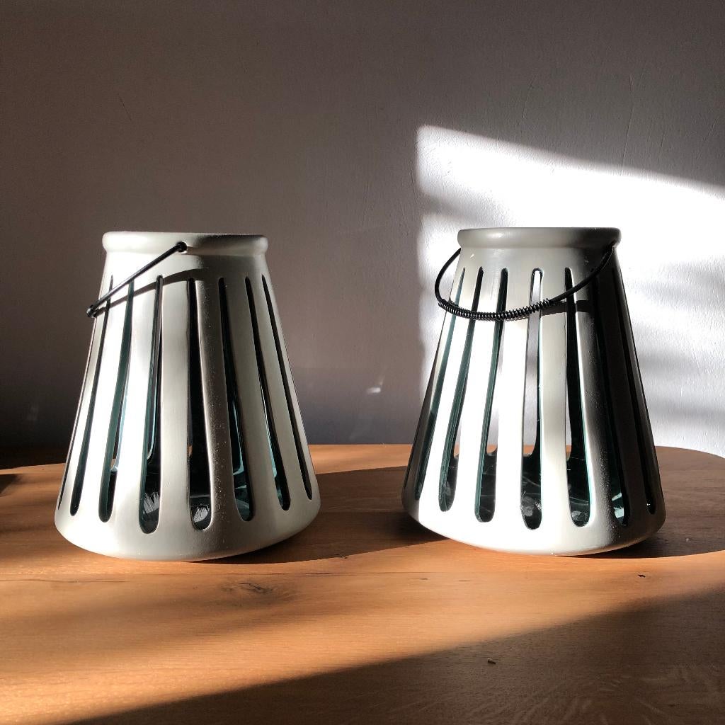 2 Windlichten keramiek met uitsparingen - Grijs / Turquoise, Overige materialen, Groen, Nieuw, Ophalen of Verzenden