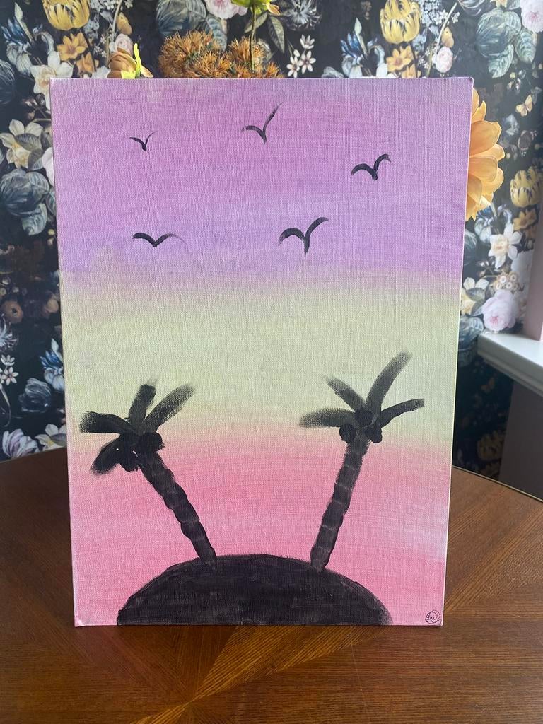 Schilderij palmbomen paars roze geel, Ophalen of Verzenden