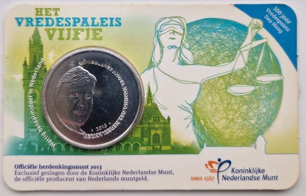Het Vredespaleis Vijfje 2013 UNC Coincard, Ophalen of Verzenden, Koningin Beatrix, Euro's, Losse munt