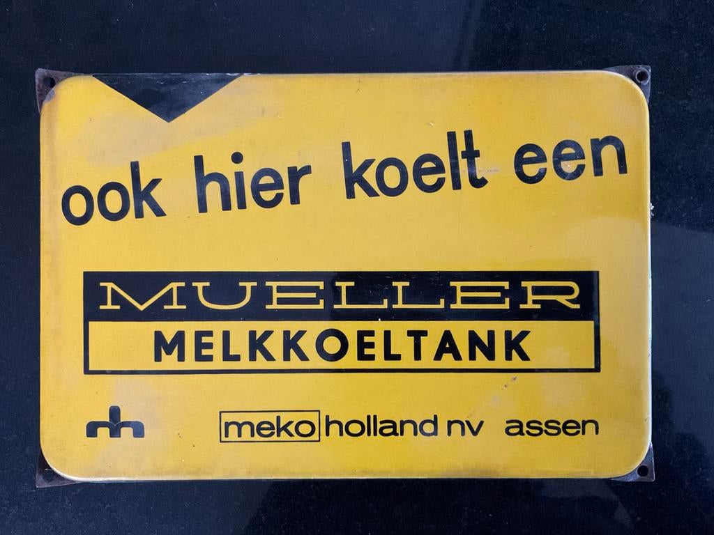 Alleraardigst emaille bordje Mueller Melkkoeltank, Ophalen of Verzenden