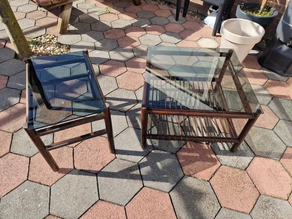 Vintage salontafel en bijzettafel gerookt glas, Huis en Inrichting, Tafels | Salontafels, Ophalen, 50 tot 100 cm, 50 tot 100 cm