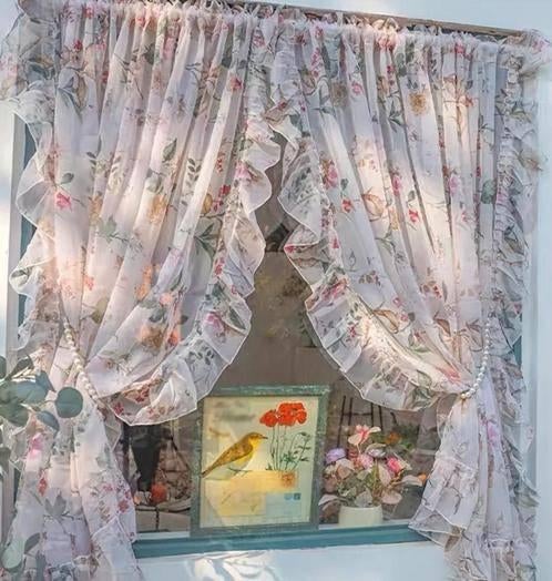 Gebloemde vitrage ., Gebruikt, 100 tot 150 cm, Overige kleuren, Ophalen of Verzenden