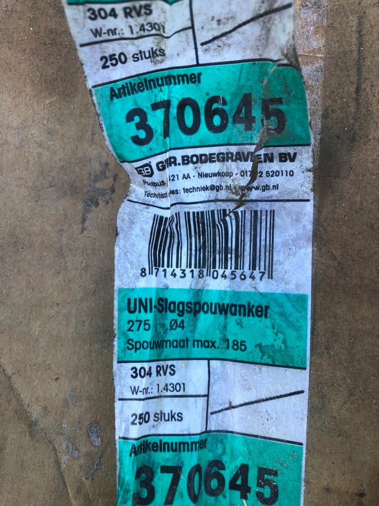UNI-Slagsplouwanker 304 RVS - 250 stuks, 250 mm of meer, Overige typen, Nieuw, Ophalen of Verzenden
