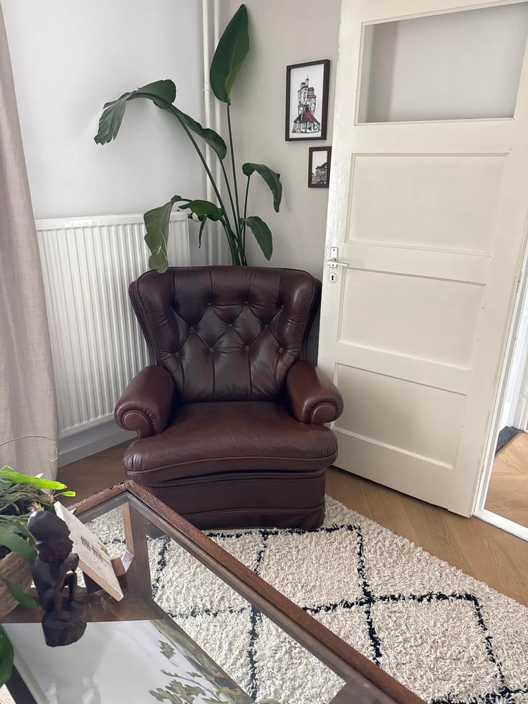 Donkerbruine leren relaxfauteuil, Huis en Inrichting, Fauteuils, Ophalen, Gebruikt, 75 tot 100 cm, Leer