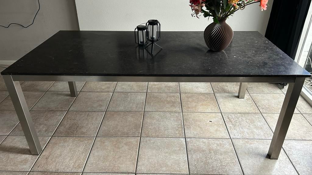 Eettafel Arduin (natuursteen) / RVS 1 x 2 meter, Ophalen, Gebruikt, 100 tot 150 cm, Vijf personen of meer