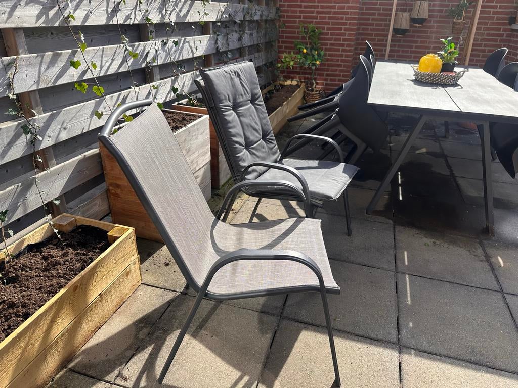 Tuinstoelen - Set van 6 (6x grijs met kussen), Ophalen, Gebruikt, Textileen, Stapelbaar