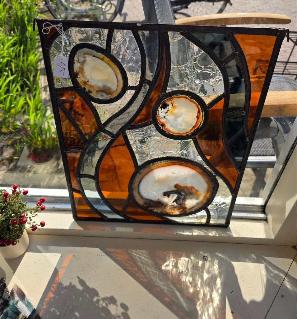 Glas in lood raam met agaat Tiffany glaskunst raamdecoraties, Ophalen, Gebruikt, Minder dan 80 cm, Nvt