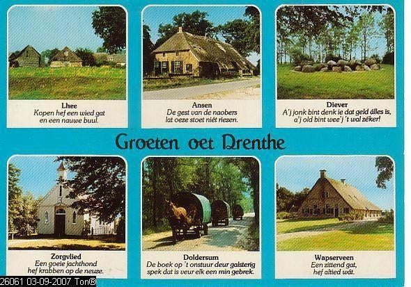Ansichtkaart	Groeten oet Drenthe	6 luik, Verzenden, 1960 tot 1980, Gelopen, Drenthe