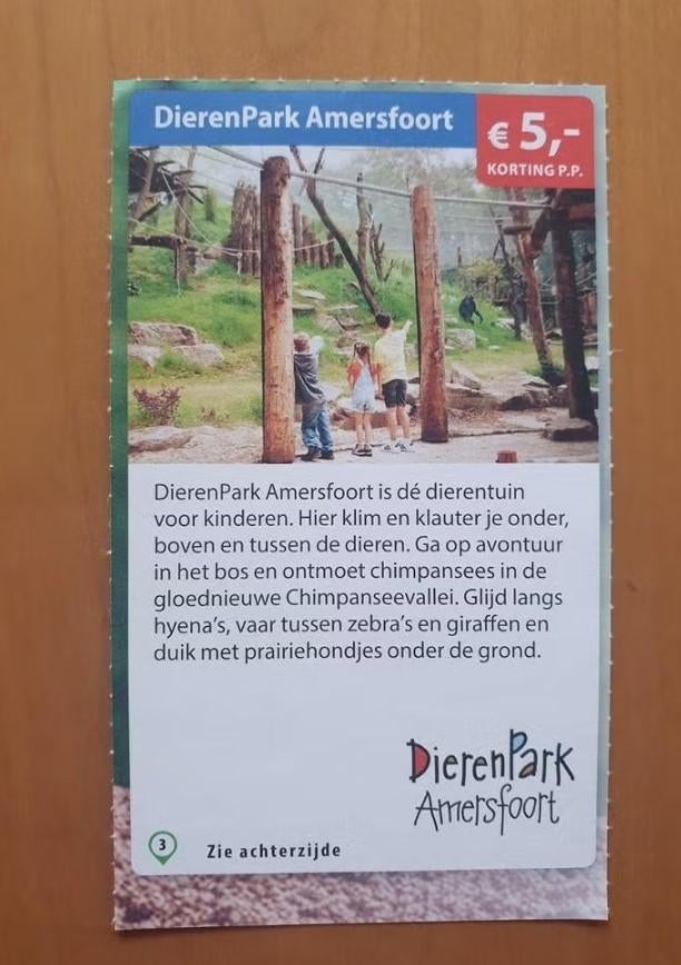 DierenPark Amersfoort €5,- korting p.p. maximaal 5 personen, Tickets en Kaartjes, Drie personen of meer, Kortingskaart