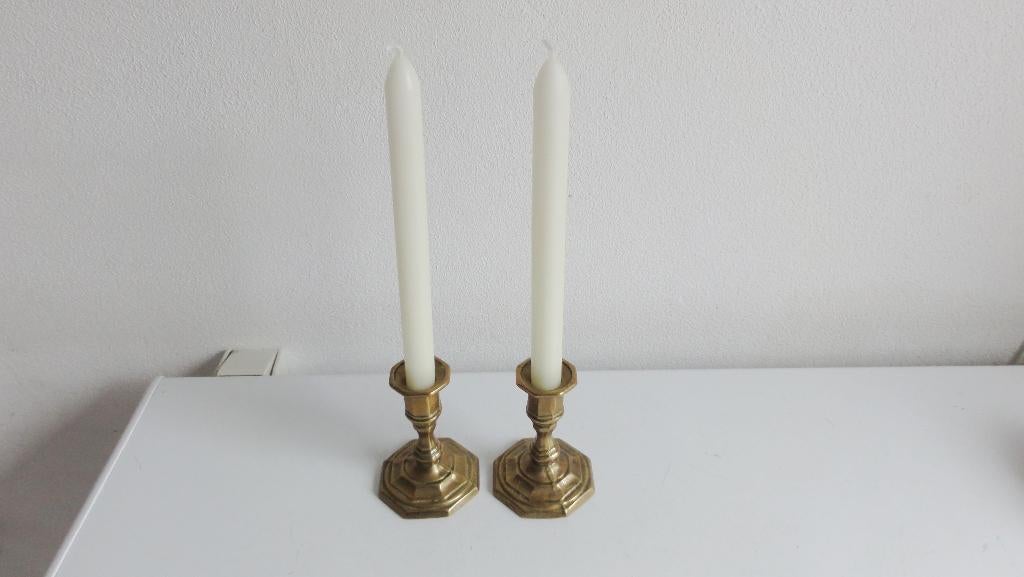 Kandelaar, koper antiek 2 x setje van 2, Ophalen of Verzenden, Koper