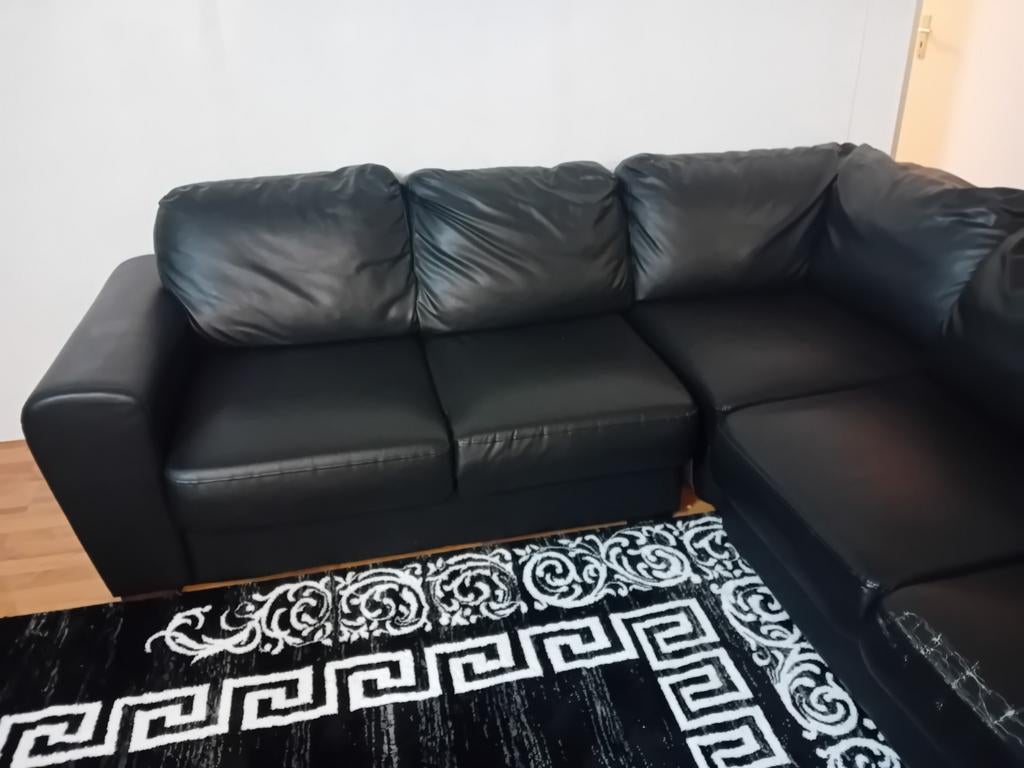 Grote 6-persoons hoekbank, zwart leer - gebruikt, Huis en Inrichting, Banken | Bankstellen, Ophalen, Gebruikt, Hoekbank, 300 cm of meer