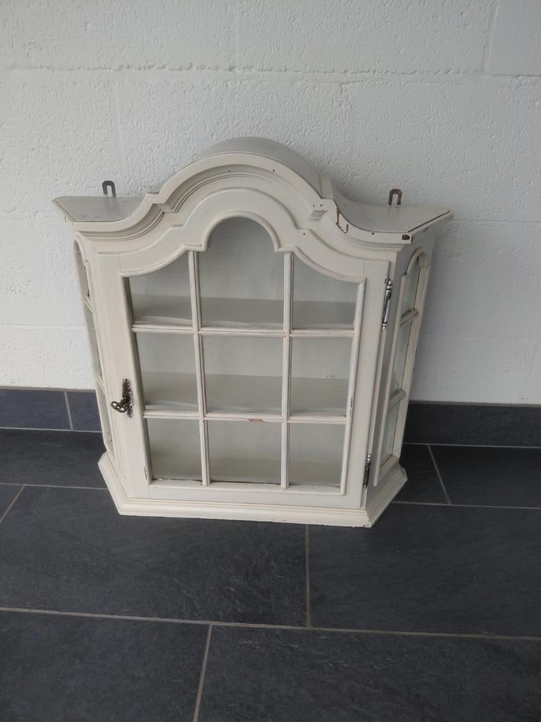 Antieke Vitrinekast - Crème Wit - Wandmodel, Ophalen, Glas, Klassiek, Antiek, 50 tot 100 cm
