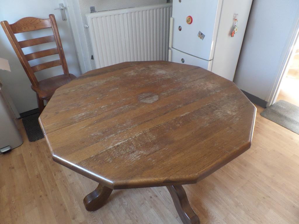Zware eiken tafel & 3 stoelen, Ophalen, Gebruikt, Drie personen, 100 tot 150 cm