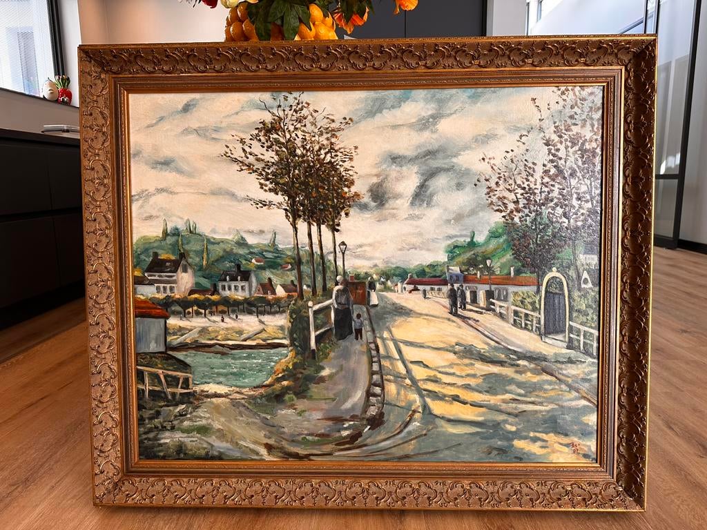 Klassiek schilderij/lijst “Op de brug” binnenmaat 100x80, Antiek en Kunst, Kunst | Schilderijen | Klassiek, Ophalen