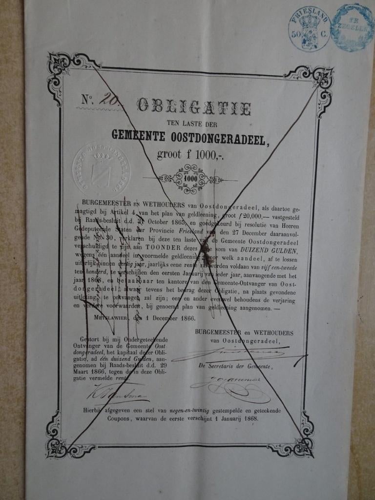 Obligatie  Gemeente Oostdongeradeel. Metslawier 1866 !!!!, Ophalen of Verzenden, Aandeel
