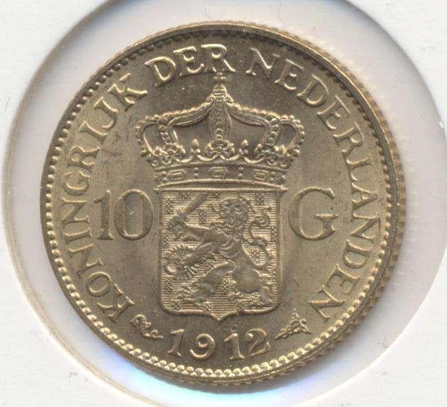 Nederland 10 Gulden 1912 Wilhelmina, Ophalen of Verzenden, Goud