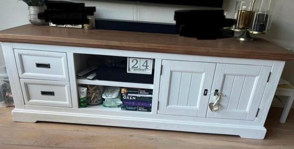 Tv meubel wit met houten blad, Ophalen, Gebruikt, 150 tot 200 cm, Landelijk