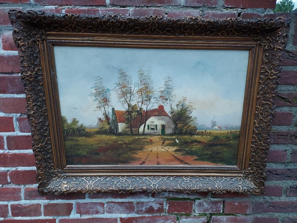 Schilderij, landschap met boerderij en kippen., Ophalen