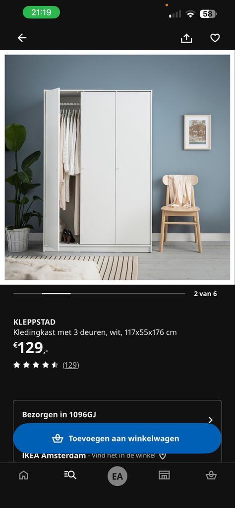 IKEA Kleppstad kledingkast wit 3 deuren, Ophalen, Overige materialen, Gebruikt, 100 tot 150 cm