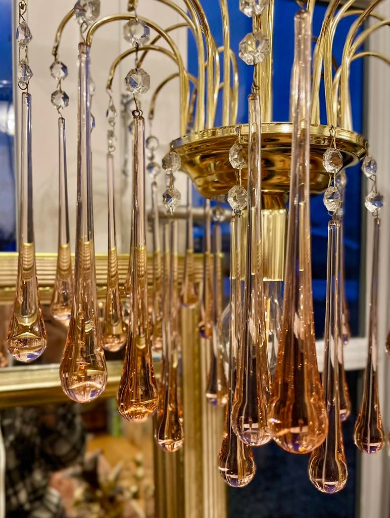 Hanglamp messing goud verguld roze Murano druppels pegels, Ophalen, Zo goed als nieuw, Glas, Hollywood Regency