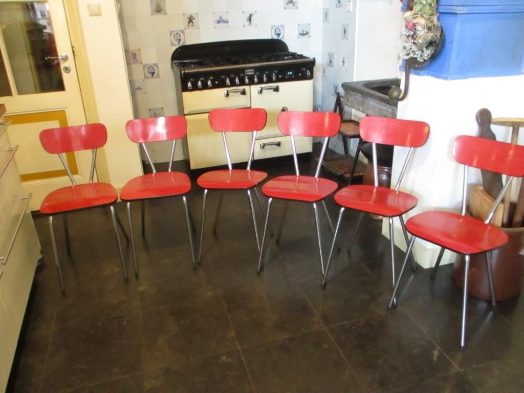 6 formica stoelen, Huis en Inrichting, Stoelen, Ophalen, Gebruikt, Rood, Vijf, Zes of meer stoelen