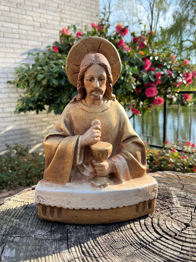 Antiek Frans heiligenbeeld ❤️ Jezus met hostie en kelk, Antiek en Kunst, Ophalen of Verzenden