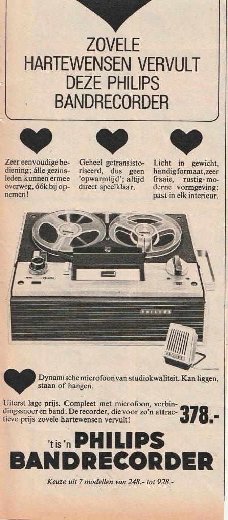 Retro reclame 1964 Philips bandrecorder keus uit 7 modellen, Verzenden, Overige typen
