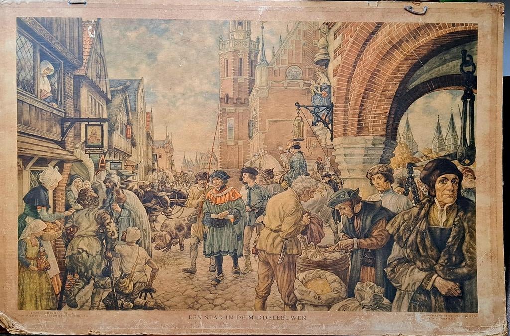 Antieke schoolplaat. Stad in de middeleeuwen, Antiek en Kunst, Antiek | Schoolplaten, Ophalen of Verzenden, Geschiedenis