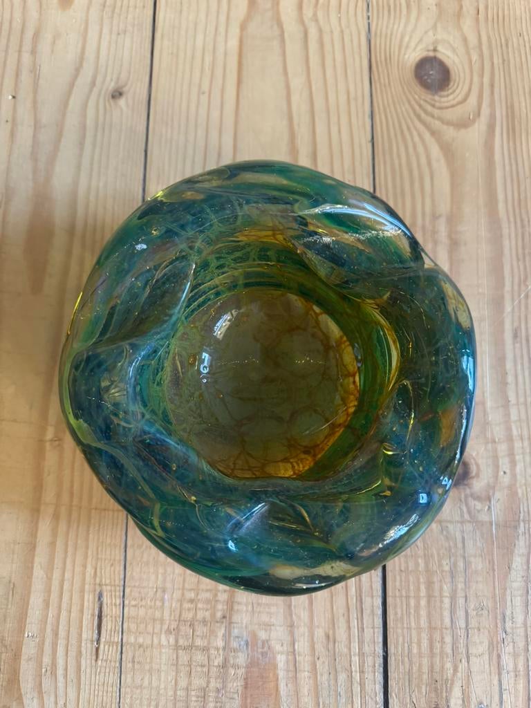 Vintage Mdina Malta Art Glass schaal/asbak Groen Amber zgan, Antiek en Kunst, Antiek | Glas en Kristal, Ophalen of Verzenden