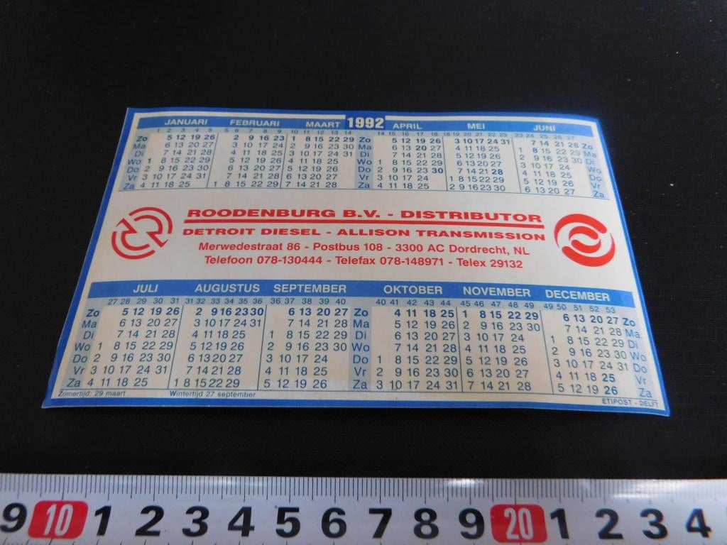sticker kalender 1992 dordrecht roodenburg detroit diesel, Ophalen, Zo goed als nieuw