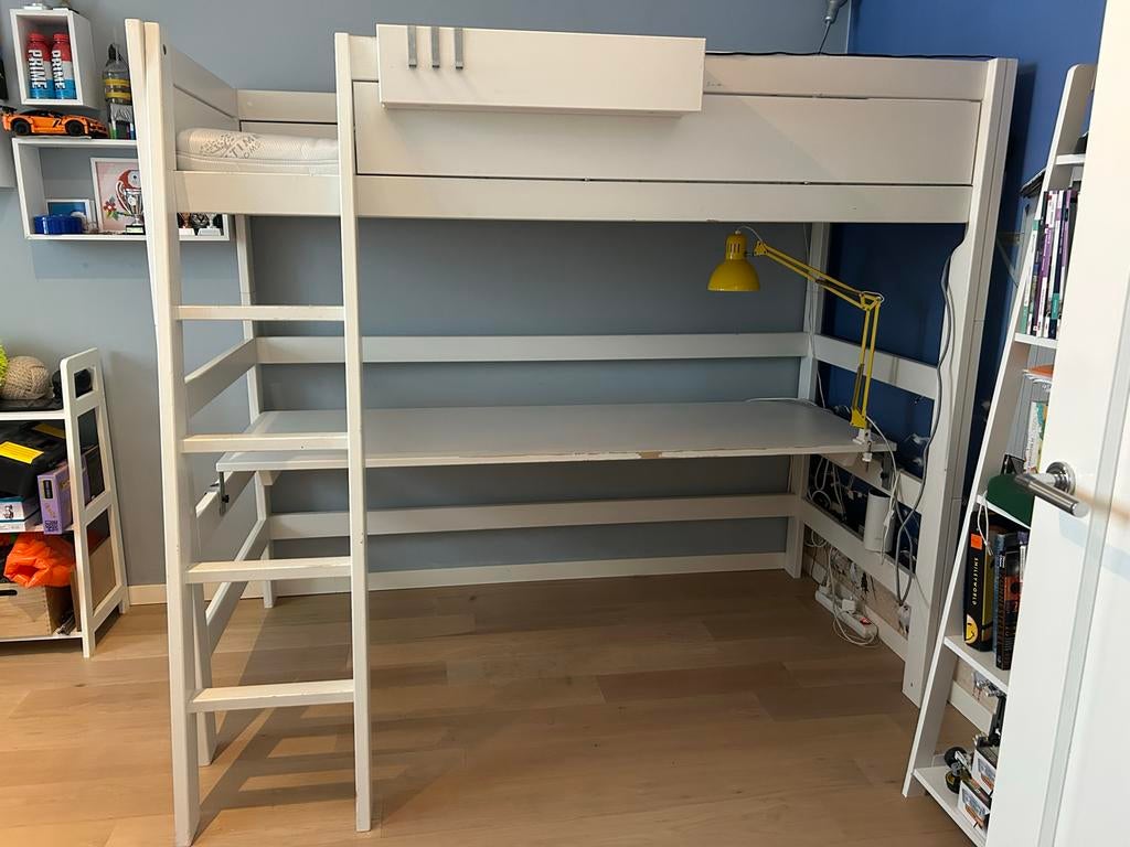 Witte Lifetime hoogslaper met schuine trap en bureau, Ophalen, Gebruikt, Eenpersoons, 160 tot 180 cm
