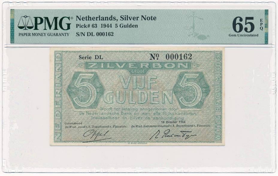 Nederland 5 Gulden Zilverbon 1944 PMG 65 EPQ, Postzegels en Munten, Bankbiljetten | Nederland, Ophalen of Verzenden, 5 gulden