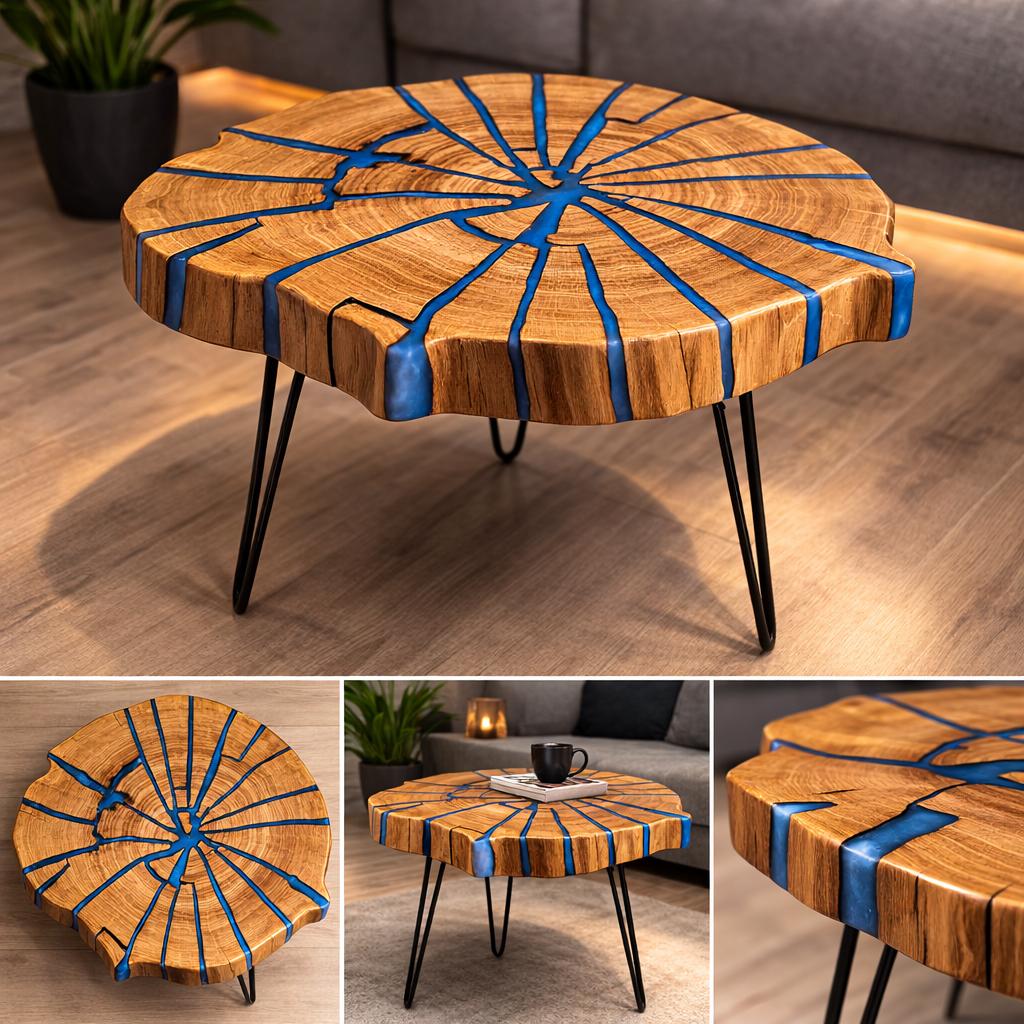 Unieke eiken salontafel met epoxy – handgemaakt, 50 tot 100 cm, Ophalen of Verzenden, Zo goed als nieuw, Minder dan 50 cm