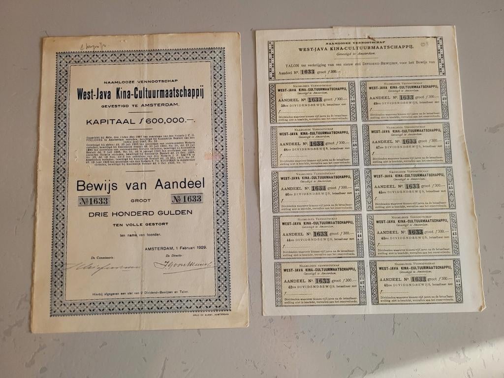 Aandeel West--Java Kina-Cultuurmaatschappij 1929, Ophalen of Verzenden, 1920 tot 1950, Aandeel