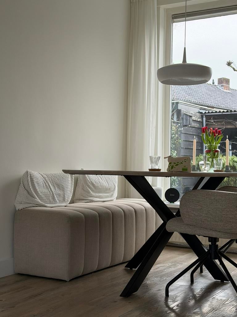 Eettafel bankje - KARWEI eetkamerbank Erie grof geweven beig, Ophalen of Verzenden, Zo goed als nieuw, Stof