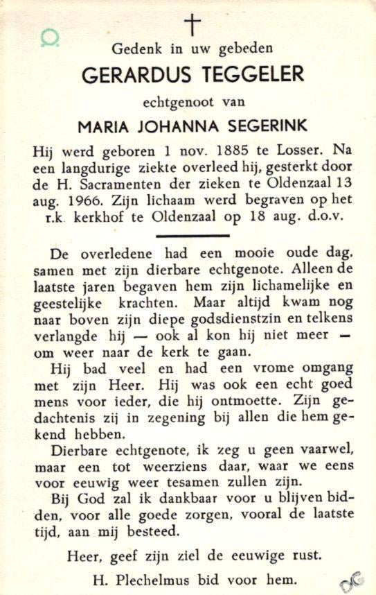 Teggeler Gerardus Losser 1885-1966 Oldenzaal, Ophalen of Verzenden