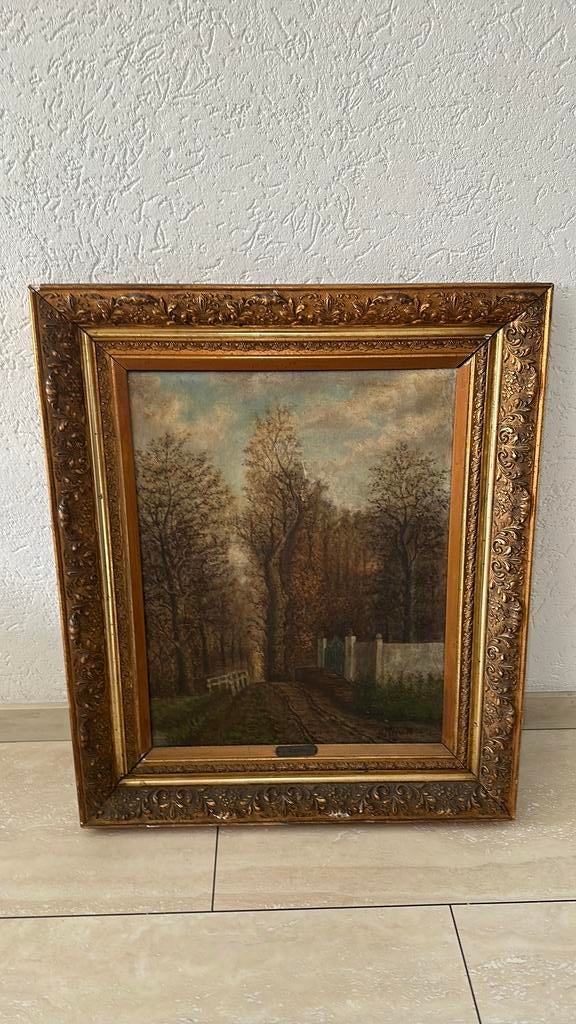 Oud schilderij bruggetje bij bos, Antiek en Kunst, Ophalen of Verzenden