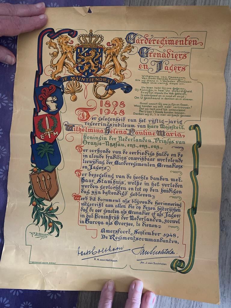Oorkondes Garderegimenten Grenadiers en Jagers 1948, Ophalen, Gebruikt, Nederland, Kaart, Foto of Prent