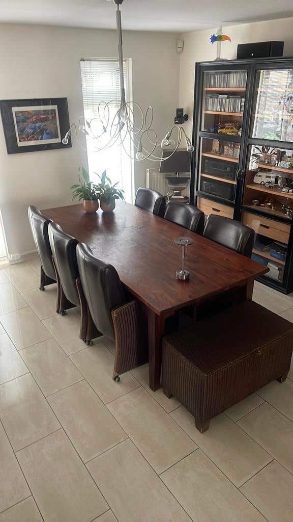 Tropisch hardhouten eettafel met 6 Lloyd LOOM stoelen + box, Gebruikt, 100 tot 150 cm, Klassiek, 200 cm of meer