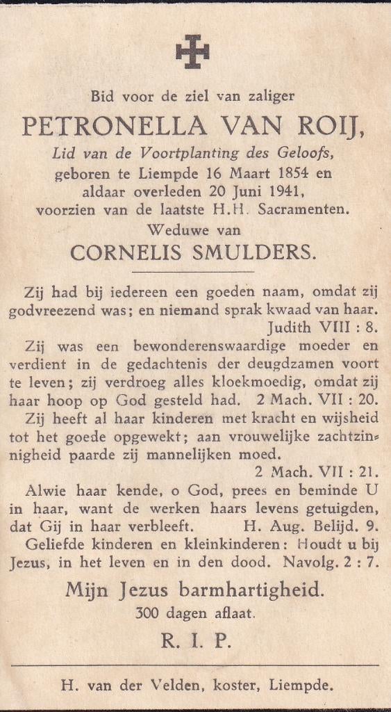 Roij Petronella 1854 Liempde 1941, Ophalen of Verzenden, Bidprentje